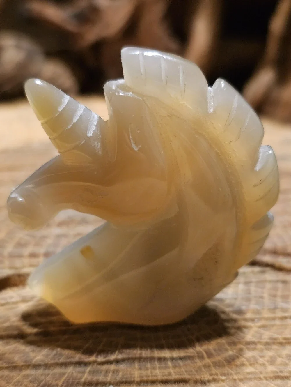 Carved Agate Unicorn Head Figurine in Semi-Translucent Beige With Druzy Crystal